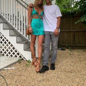 Superdown turquoise satin matching set